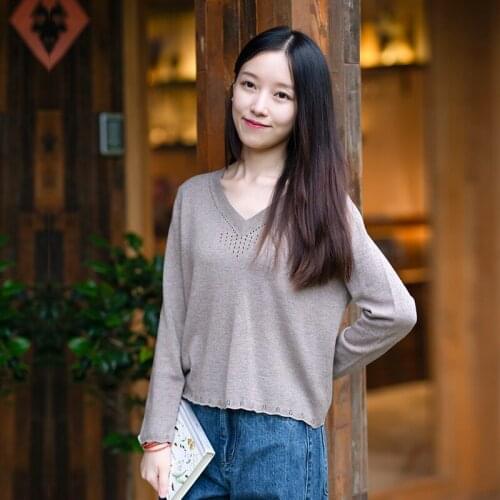 CYNTHIA 2020 Women Wool Sweater Female Pullover Hollow-out V-neck Long-sleeve Sweater