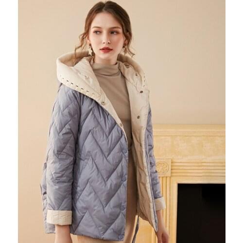 2021 Winter Women Knitting Patchwork Hooded Down Coat White Duck Down Literary Contrast Color Double Layer Hat Female Outwear