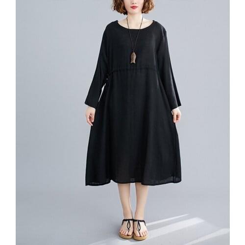 2021 New Arrival Long Sleeve Black Autumn Dress Cotton Linen Draw String Office Lady OL Work Dress Women Spring Casual Dress