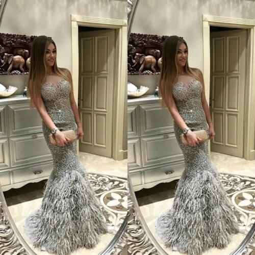 Beaded Mermaid Prom Dresses Lace Sequins O Neck Luxury Feather Arabic Evening Dress Custom Made 2020 Formal Party Gowns