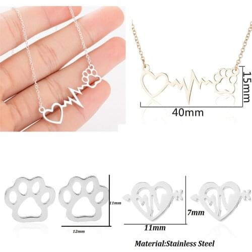 Women Wave Heart Necklaces Stainless Steel Necklace Long Chain Pet Paw Pendant Necklaces Chokers Vintage Jewelry Christmas Gift