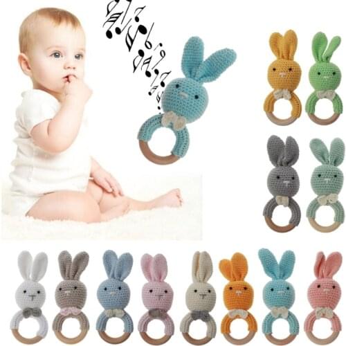 1PC Baby Rattle Toys Rabbit Crochet Wooden Teething Ring Baby Teether Cot Hanging Toy