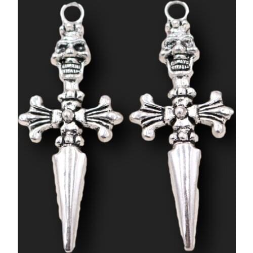 8pcs Silver Plated Skull Cross Pendant Hip Hop Necklace Earrings Metal Accessories DIY Charms Jewelry Craft Making 58*26mm A1998