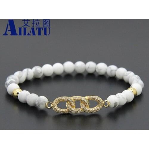 Ailatu New Mens Jewelry 10pcs 6mm White Howlite Marble Stone Micro Pave Zircon Beads Chain Beaded Bracelets
