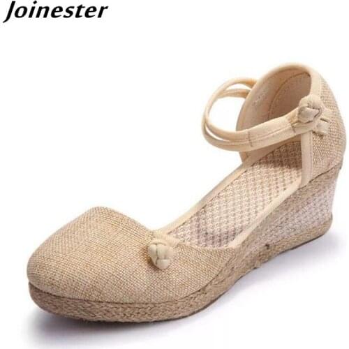 Pure Color Linen Sandals for Women Summer Wedge Pumps Ladies Ankle Strap Retro High Heels Casual Dress Shoes босоножки женские