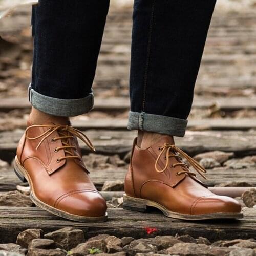 Autumn Fashion Flat Ankle Men Boots Handmade Comfortable Quality Real Cow Leather Retro-style Dress Shoes Lace Up Botas Size 44