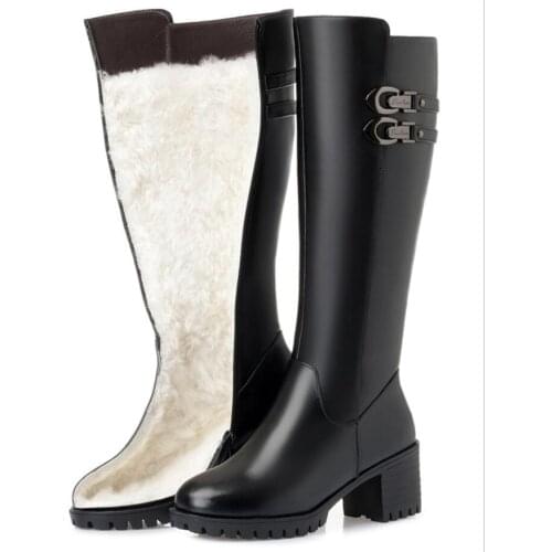 D396 new women genuine leather winter wool high heel high boots big size 43 warm snow boots botas altas mujer sobre rodilla