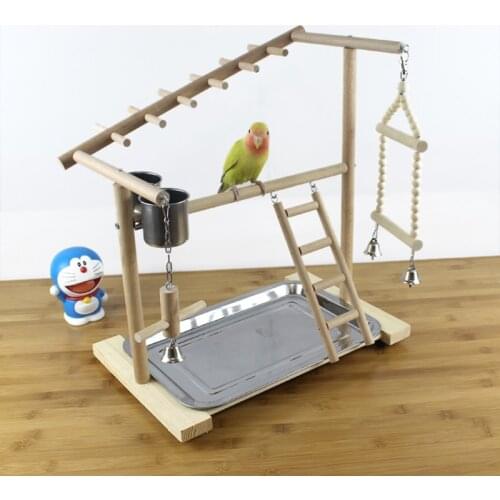 Wooden Bird Perch Stand With Feeder Cups Parrot Platform Playground Exercise Gym Playstand Ladder Interactive Toys F3002