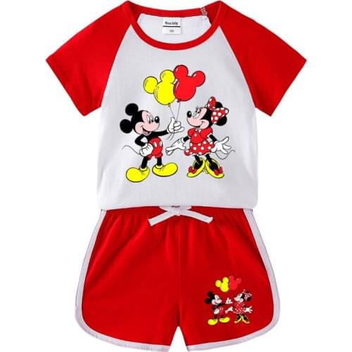 Disney casual fashion cotton cartoon childrens suit summer dress Mickey Minnie mouse short sleeve T-shirt shorts set