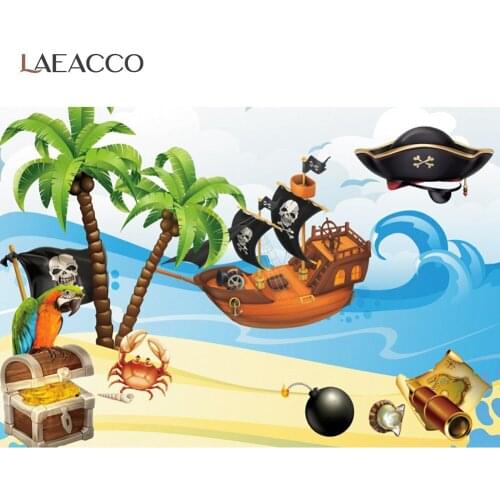 Laeacco Summer Seaside Beach Pirate Sailboat Palms Tree Baby Child Birthday Party Scenic Photo Background Photography Backdrop