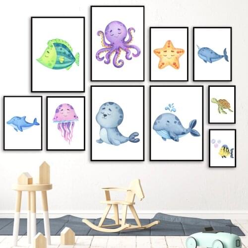 Whale Dolphin Octopus Turtle Fish Marine Life Wall Art Canvas Painting Nordic Posters And Prints Decor Pictures Baby Kids Room