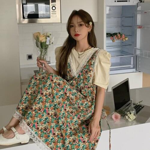 Ladies Sweet Floral Summer Blouse Lace Trim V-neck Waist Dress Two-piece Suit