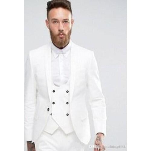 Handsome White Groom Tuxedos Shawl Lapel Groomsmen Mens Wedding Dress Fashion Man Jacket Blazer 3Piece Suit(Jacket+Pants+Vest+Ti