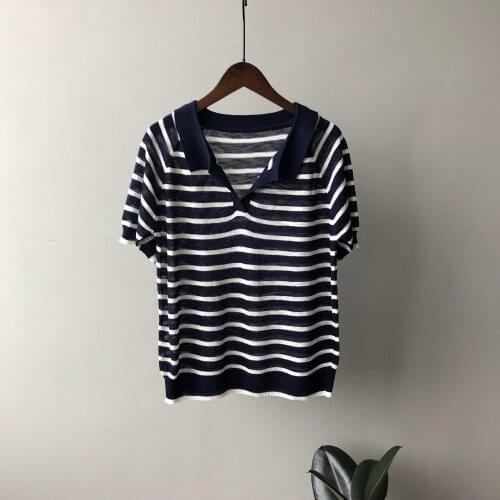 Summer Ice Silk Short Sleeve Lapel Stripe T-shirt Womens 2021 Summer New knitting Casual Top 2021 woman tshirts tops