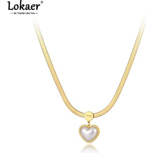 Lokaer Stainless Steel Lovely Heart Choker Necklaces Fashion Bohemia White Pearl Pendant Snake Chain Necklace For Women N21126