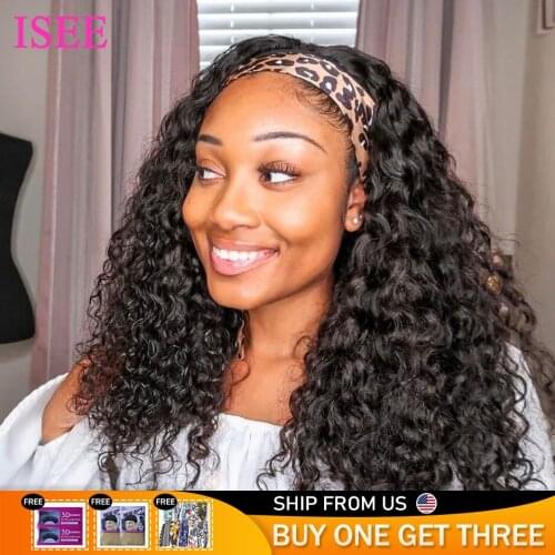 Malaysian Water Wave Natural Color Headband Wig Scarf Wig180% Density Human hair Water Wave Human Hair Wigs For Women