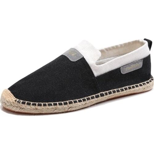 Men Flats Espadrilles Spring Summer Boats Shoes Hemp Canvas Lace-up Sneakers Breathable Fashion Casual Driving Shoes Black