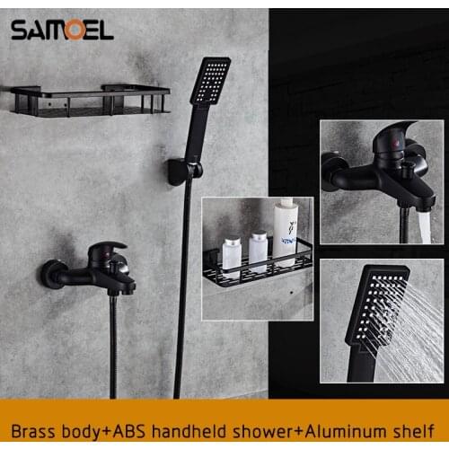 Samoel Black Painted Brass Bath Shower Faucet Set With Bathroom Shelf Wall Mount Shower Tap with Shampoo Holder SF1043