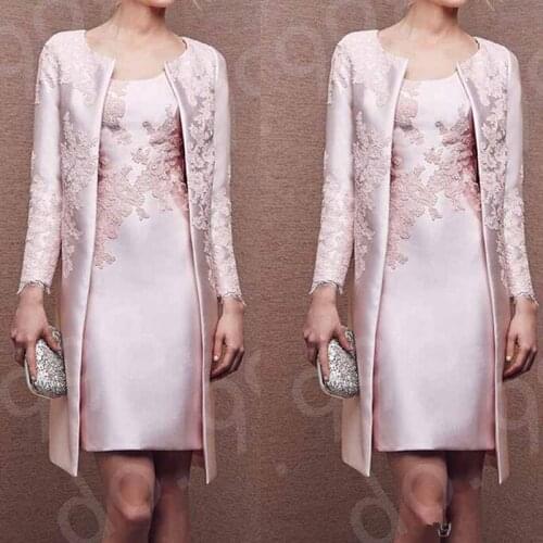 Latest Arrival Short Pearl Pink Two Pieces Mother of the Bride Dresses with Coat Appliqued Wedding Party Gowns Long Sleeves