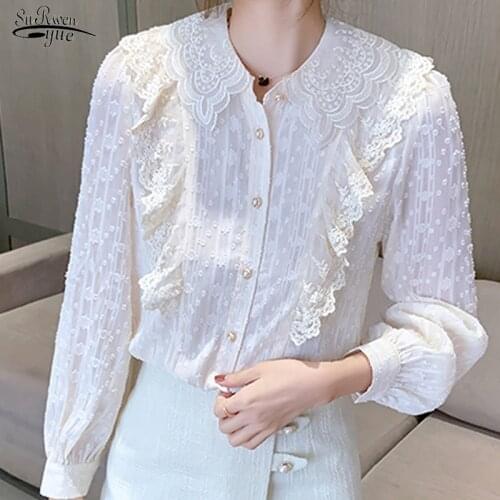 Autumn Long-sleeved Solid Lapel Blouse Woman Sweet Lace Chiffon Shirt Woman Elegant Gentle Casual Embroidery Woman Blouses 16378