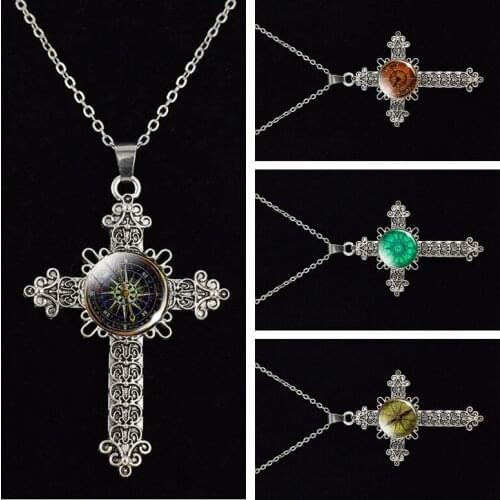 Hot Compass Pattern Glass Cabochon Cross Necklace Vintage Old Mysterious Steampunk Compass Pendant Cross Necklace Traveler Gifts