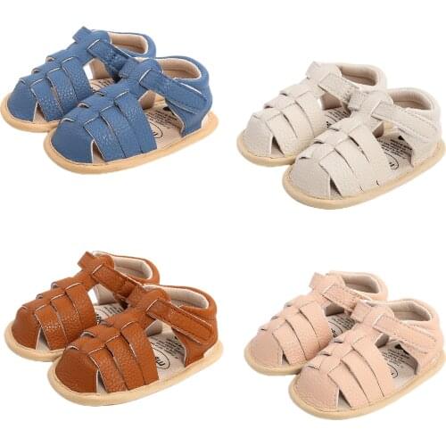 Newborn Baby Girls Boys Solid PU Closed-Toe Sandals Shoes Soft Flat Non-Slip Sole Summer Infant Toddler First Walker Shoes 0-18M