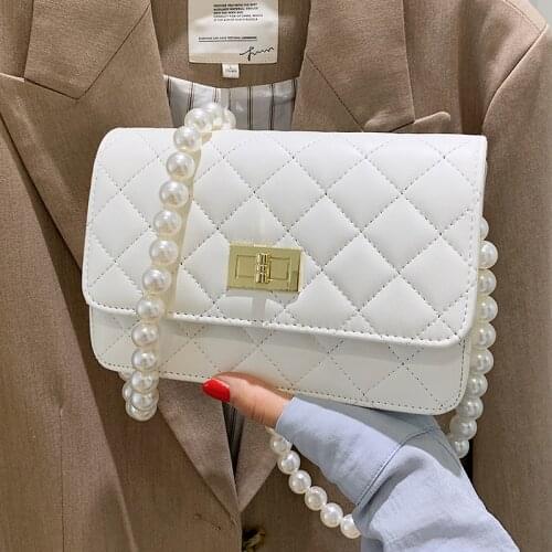 Quilted Pearl Chain Shoulder Bags for Women Diamond Flap Messenger Bag White Lattice Ladies Crossbody Bags Small Square Handbags
