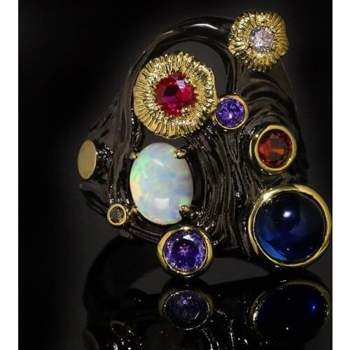 Unique craftsmanship design silver inlaid multicolor crystal ring European and American style retro ladies jewelry