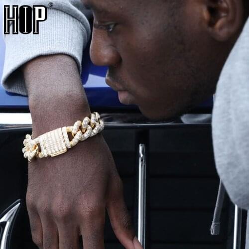 Hip Hop 21MM 3 Row Baguette Cuban Chains Bling Iced Out CZ Setting AAA+ Cubic Zirconia Box Buckle Bracelet For Men Jewelry