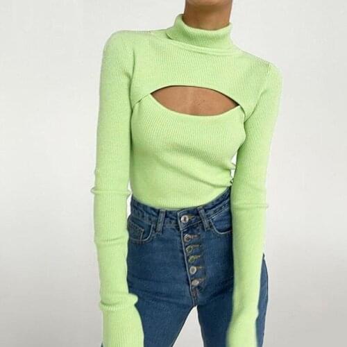 New Ribber Knitted Turtleneck Casual Top Women Hollow Out Long Sleeve T Shirt Skinny Autumn Winter Slim Tee Lady Clothing M0626