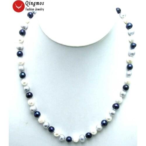 Qingmos 8-9mm Round Natural Freshwater Multicolor Pearl Necklace for Women with White Black Gray Pearl Chokers 17" Jewelry N5900