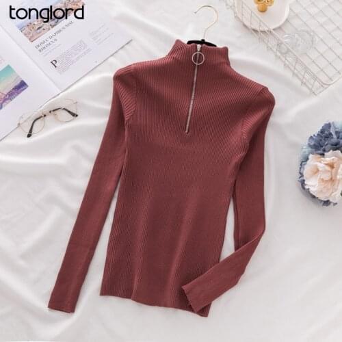 Chic Bottoming Sweater Tee For Women 2021 Autumn Winter Long Sleeve Ring Zipper Turtleneck Knitted Tops Fmale Solid Pullover Top