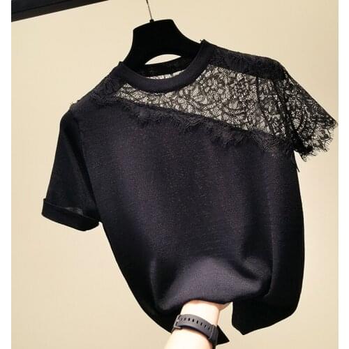 Summer Crochet Thin Women Sweater Knit Stiching Pullover Tops O Neck striped sexy lace Chic Female Jumper Pull Femme jumper