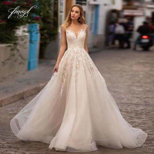 Fmogl Vestidos De Noiva Sexy Backless Lace Vintage Wedding Dresses 2021 Spaghetti Straps Appliques Sweep Train A Line Bride Gown