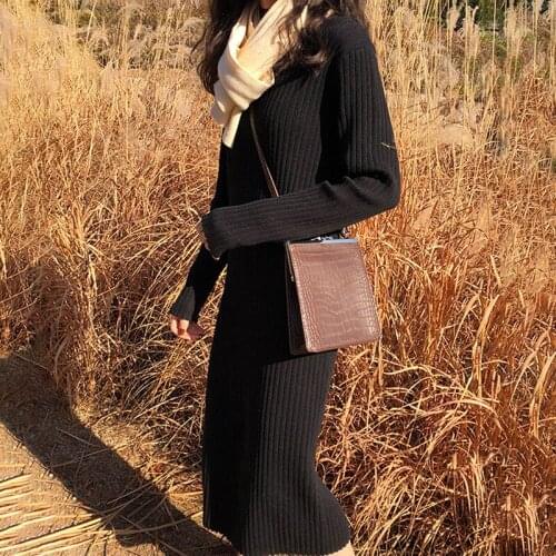 2021 New Spring Autumn Women Knitted Long Dresses Turtleneck Sweater Solid Female Long Sleeve Bottoming Dress Solid Slim Dresses