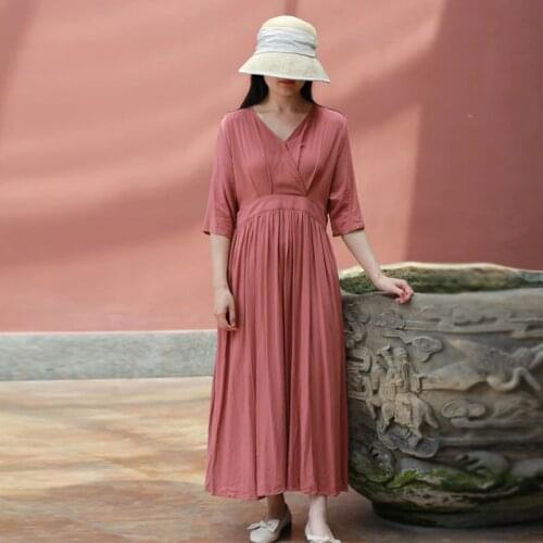 Johnature Women Vintage Dresses V-Neck Half Sleeve Cotton Linen Long Dress 2021 Summer New Solid Color Soft Loose Belt Dress