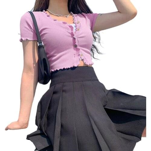 2020 Sexy Women Female T-Shirt Solid Color V-Neck Short Sleeve Base Shirt Women’ s Crop Top( Blue/Pink, S/M/L)