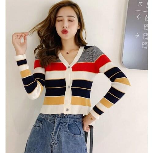 Harteen Korean Fashion V-Neck Color Striped Sweater Women Slim Cardigan Mujer Jacket Long Sleeve Sweater Blusa De Frio Feminina