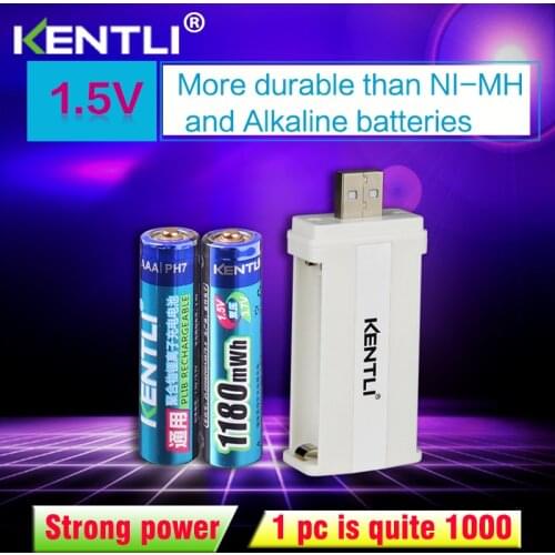 KENTLI 2pcs no memory effect 1.5v 1180mWh AAA lithium li-ion rechargeable batteries battery +2 channels lithium charger