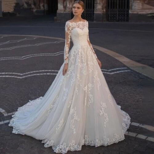 Muslim Wedding Dresses A-line Long Sleeves Tulle Appliques Lace Boho Dubai Arabic Wedding Gown Bridal Dress Vestido De Noiva