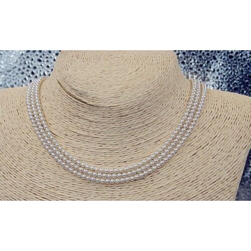 3 rows 7-8mm freshwater round white pearl necklace 18"19"20"