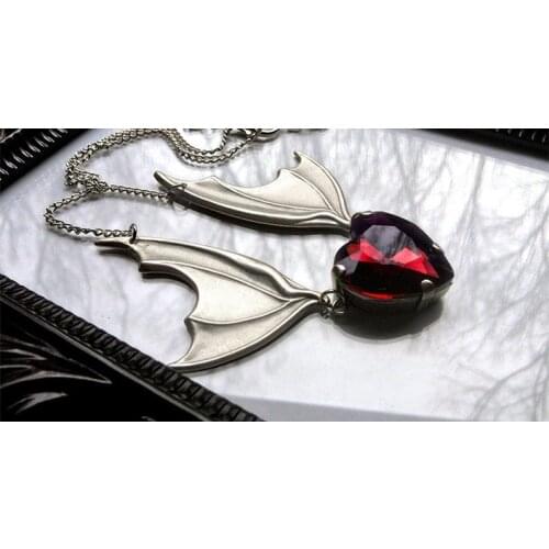 Bat Wing Necklace with Red Heart ,Vampire Bat Necklace,gift for Bat Lover,Victorian Silver plated Bat Wing Necklace,halloween