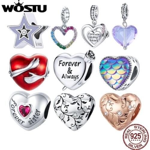 WOSTU Authentic 925 Sterling Silver Heart Shaped Scaly Beads Charms Pendant Fit Bracelets Women DIY Fine Jewelry Gift Making