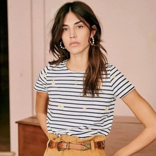 Daisy Embroidery Striped Tees Female Summer O Neck Short Sleeve Casual T-shirts Tops 2021 Elegant Retro Chic Tees