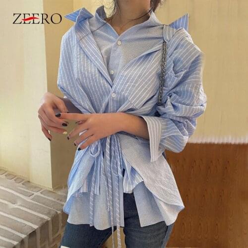 Chic Sweet Striped Asymmetrical Women Shirts Female Botton Up Long Sleeve Girls Blouse Blusas Casual Korean Blue Ladies Tops