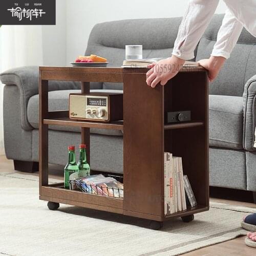 Nordic Solid Wood Side Table With Wheels Movable Sofa Side Cabinet Small Coffee Table Side Table Modern Minimalist Living Room T