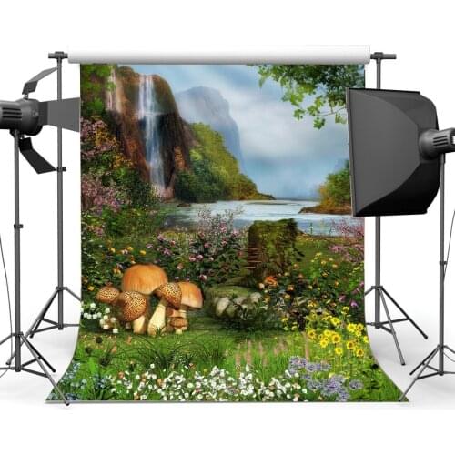 Fairytale Jungle Forest Trees Backdrop Fresh Flowers Mushroom Green Grass Meadow Enchanted Garden Waterfall Background