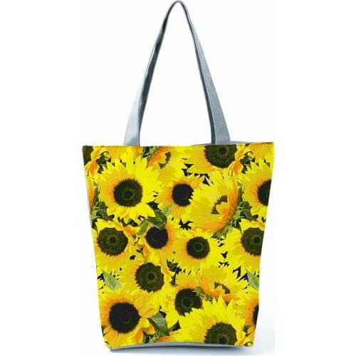 Sunflower Printed Handbag High Capacity Eco Reusable Floral Shopping Bag Casual Yellow Foldable Travel Beach Women Tote Custom