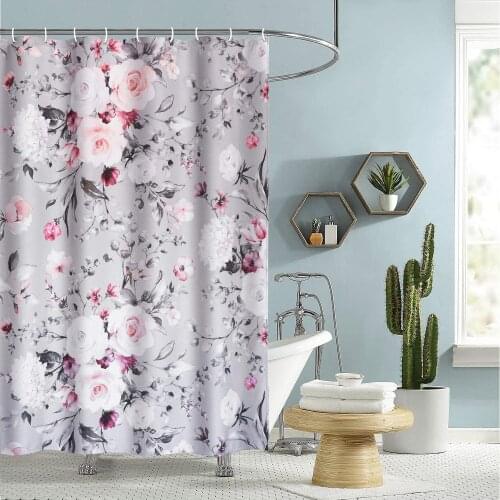 Floral Fabric Shower Curtain Gray and Pink Flowers Shower Curtains with Hooks Waterproof Heavy Blossom Rose Shower Curtain