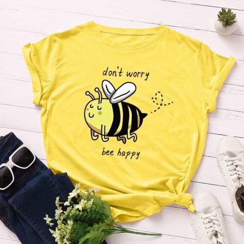 Summer Streetwear 100% Cotton Women Large Size T Shirt Female Cute Cartoon Yellow Bee T-shirt Letter Print Tees Harajuku Tops